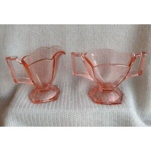 Heisey Flamingo #354 Colonial Flat Panel Hotel Pink Sugar & Creamer Art Deco VTG